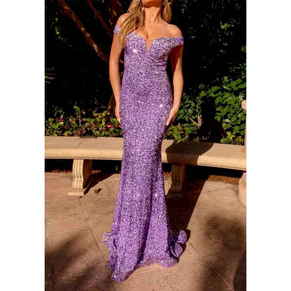 NEW JESSICA ANGEL off-shoulder fitted lace-up back sequin dress in lavender